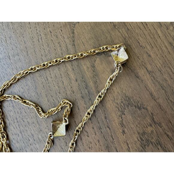 Monet Vintage Gold Tone Chain Station Necklace with Gold Cube Beads 26" - Picture 8 of 8